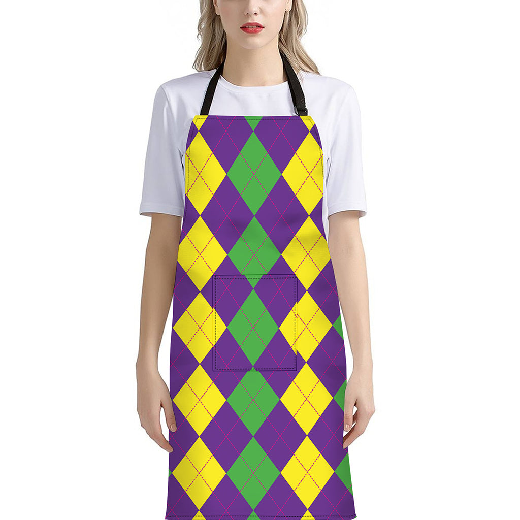 Mardi Gras Argyle Pattern Print Bib Apron With Pocket