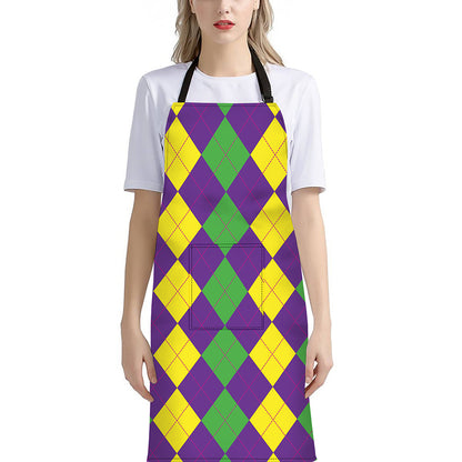 Mardi Gras Argyle Pattern Print Bib Apron With Pocket