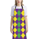 Mardi Gras Argyle Pattern Print Bib Apron With Pocket