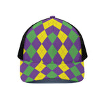 Mardi Gras Argyle Pattern Print Black Mesh Trucker Cap