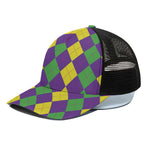 Mardi Gras Argyle Pattern Print Black Mesh Trucker Cap