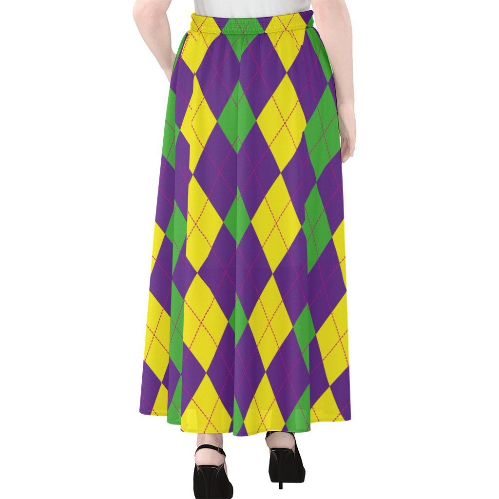 Mardi Gras Argyle Pattern Print Chiffon Maxi Skirt