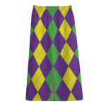 Mardi Gras Argyle Pattern Print Cotton Front Slit Maxi Skirt