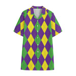 Mardi Gras Argyle Pattern Print Cotton Hawaiian Shirt