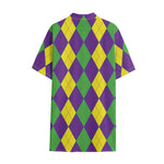 Mardi Gras Argyle Pattern Print Cotton Hawaiian Shirt