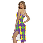 Mardi Gras Argyle Pattern Print Cross Back Cami Dress