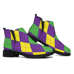 Mardi Gras Argyle Pattern Print Flat Ankle Boots