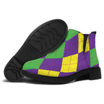 Mardi Gras Argyle Pattern Print Flat Ankle Boots