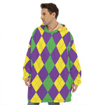 Mardi Gras Argyle Pattern Print Hoodie Blanket