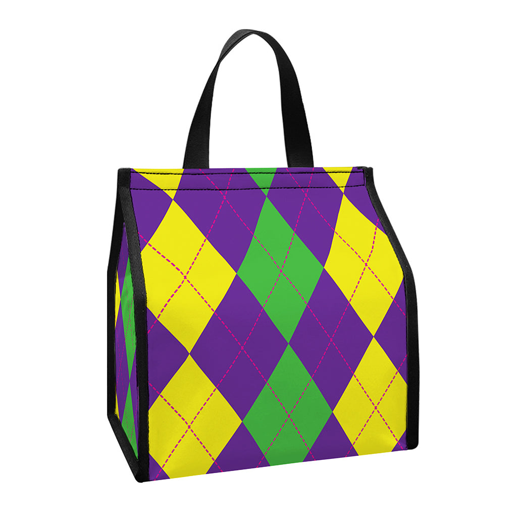 Mardi Gras Argyle Pattern Print Insulated Lunch Tote
