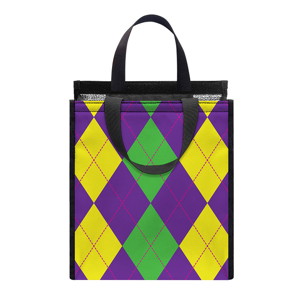 Mardi Gras Argyle Pattern Print Insulated Lunch Tote