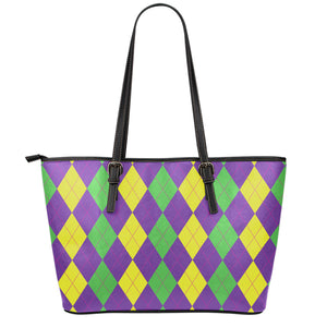 Mardi Gras Argyle Pattern Print Leather Tote Bag