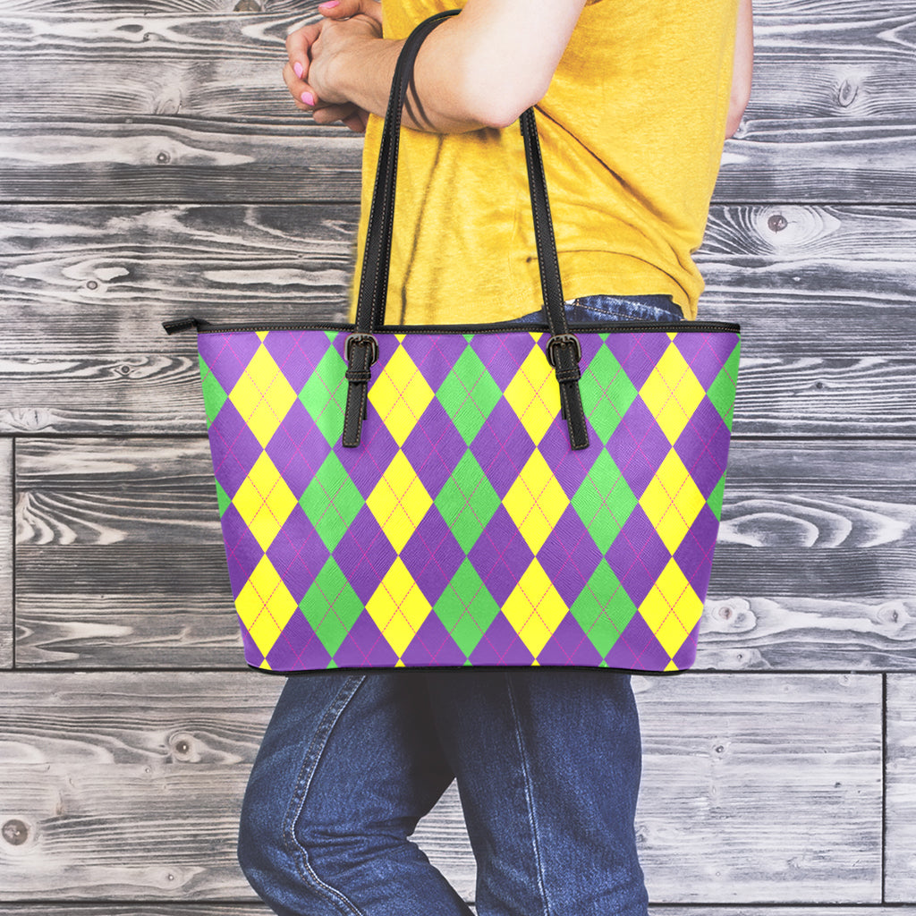 Mardi Gras Argyle Pattern Print Leather Tote Bag