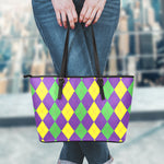 Mardi Gras Argyle Pattern Print Leather Tote Bag