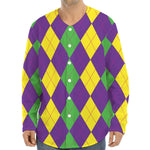 Mardi Gras Argyle Pattern Print Long Sleeve Baseball Jersey