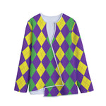 Mardi Gras Argyle Pattern Print Long Sleeve Short Coat