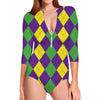 Mardi Gras Argyle Pattern Print Long Sleeve Swimsuit