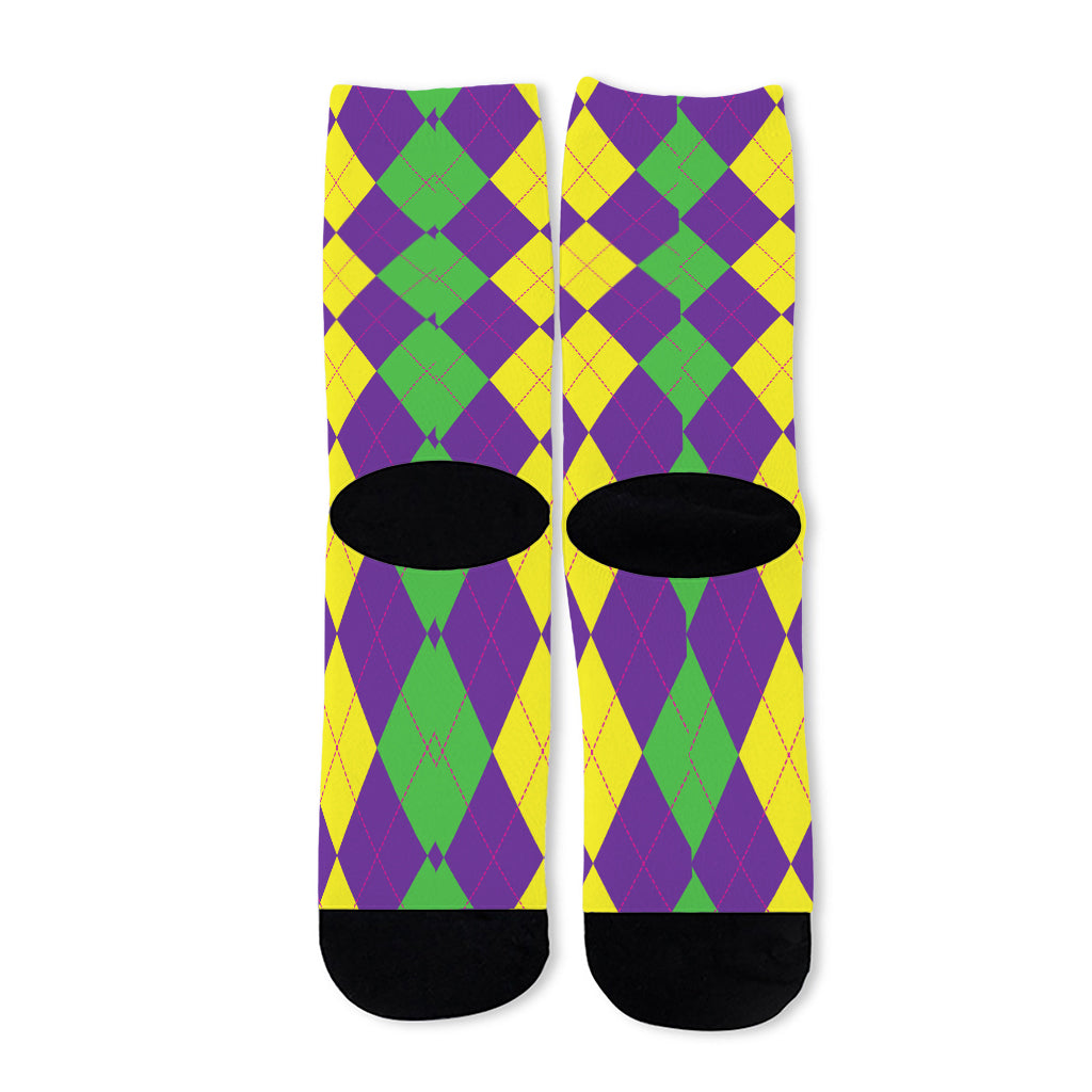 Mardi Gras Argyle Pattern Print Long Socks