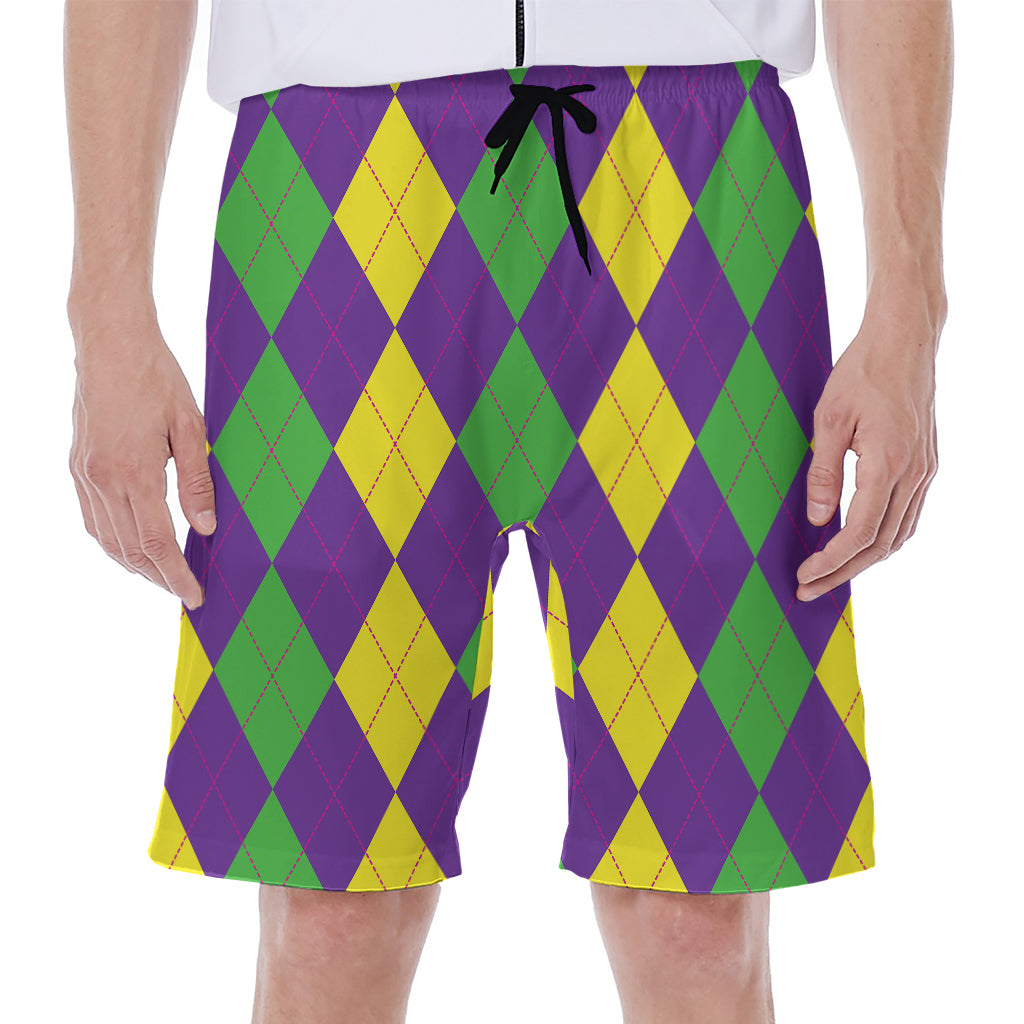 Mardi Gras Argyle Pattern Print Men's Beach Shorts
