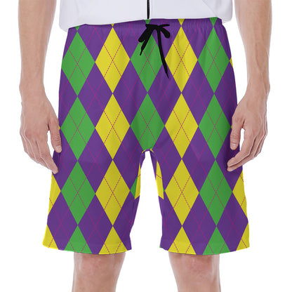 Mardi Gras Argyle Pattern Print Men's Beach Shorts