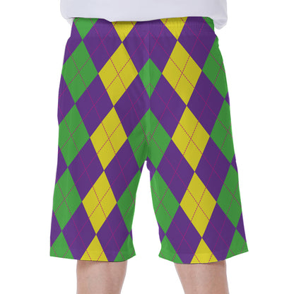 Mardi Gras Argyle Pattern Print Men's Beach Shorts