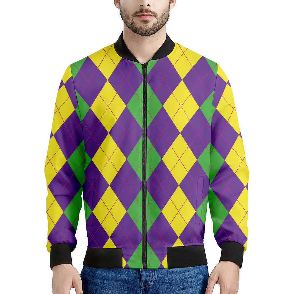 Mardi Gras Argyle Pattern Print Men's Bomber Jacket