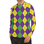 Mardi Gras Argyle Pattern Print Men's Long Sleeve Rash Guard