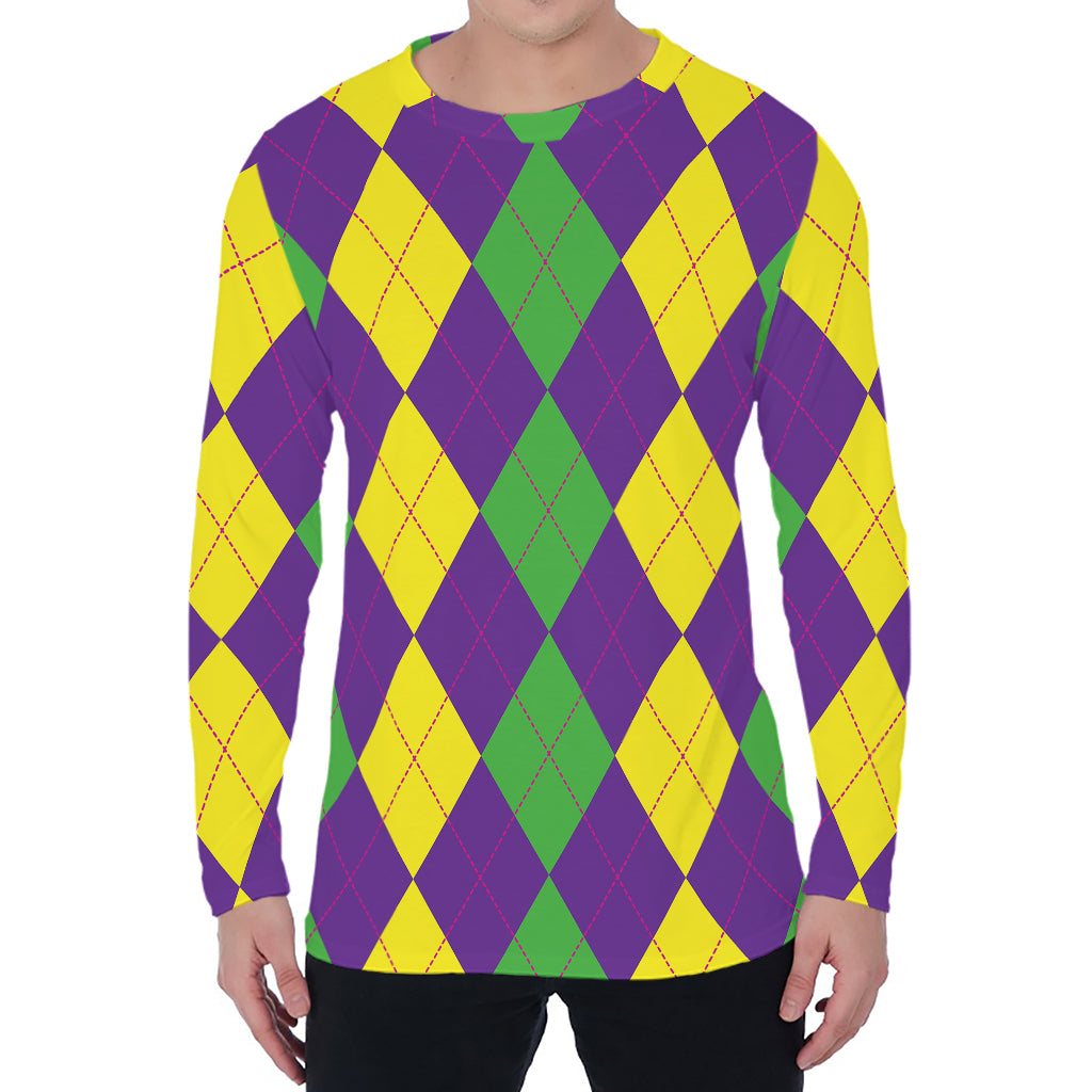 Mardi Gras Argyle Pattern Print Men's Long Sleeve T-Shirt