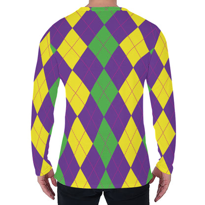 Mardi Gras Argyle Pattern Print Men's Long Sleeve T-Shirt