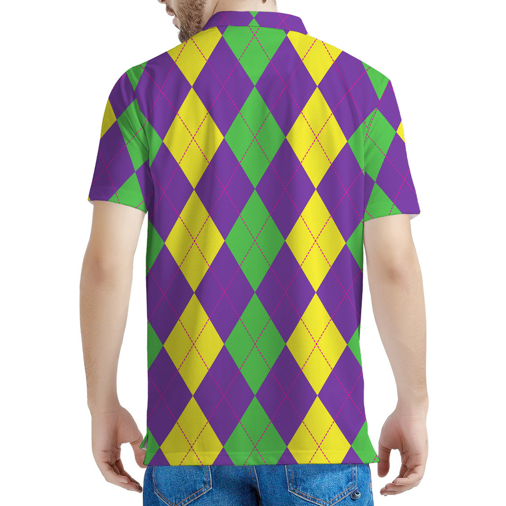Mardi Gras Argyle Pattern Print Men's Polo Shirt