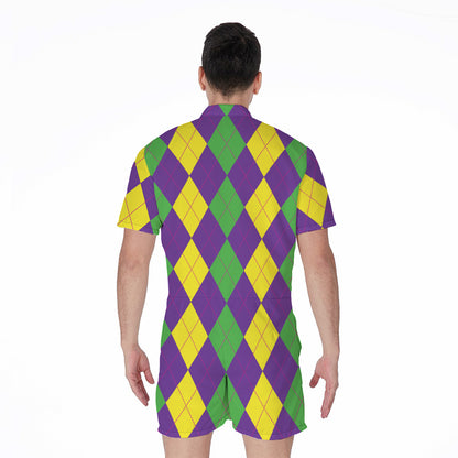 Mardi Gras Argyle Pattern Print Men's Rompers