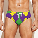 Mardi Gras Argyle Pattern Print Men's Swim Briefs