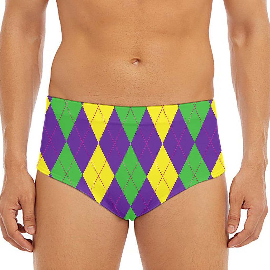 Mardi Gras Argyle Pattern Print Men's Triangle Swim Briefs