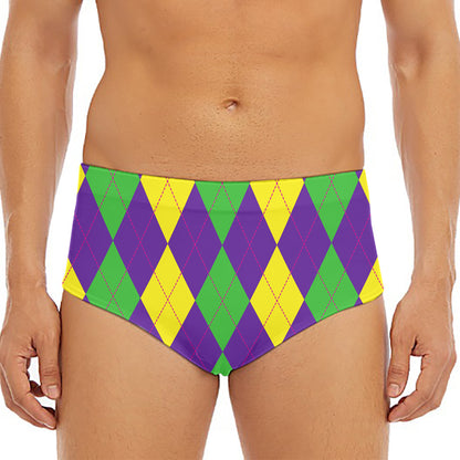 Mardi Gras Argyle Pattern Print Men's Triangle Swim Briefs