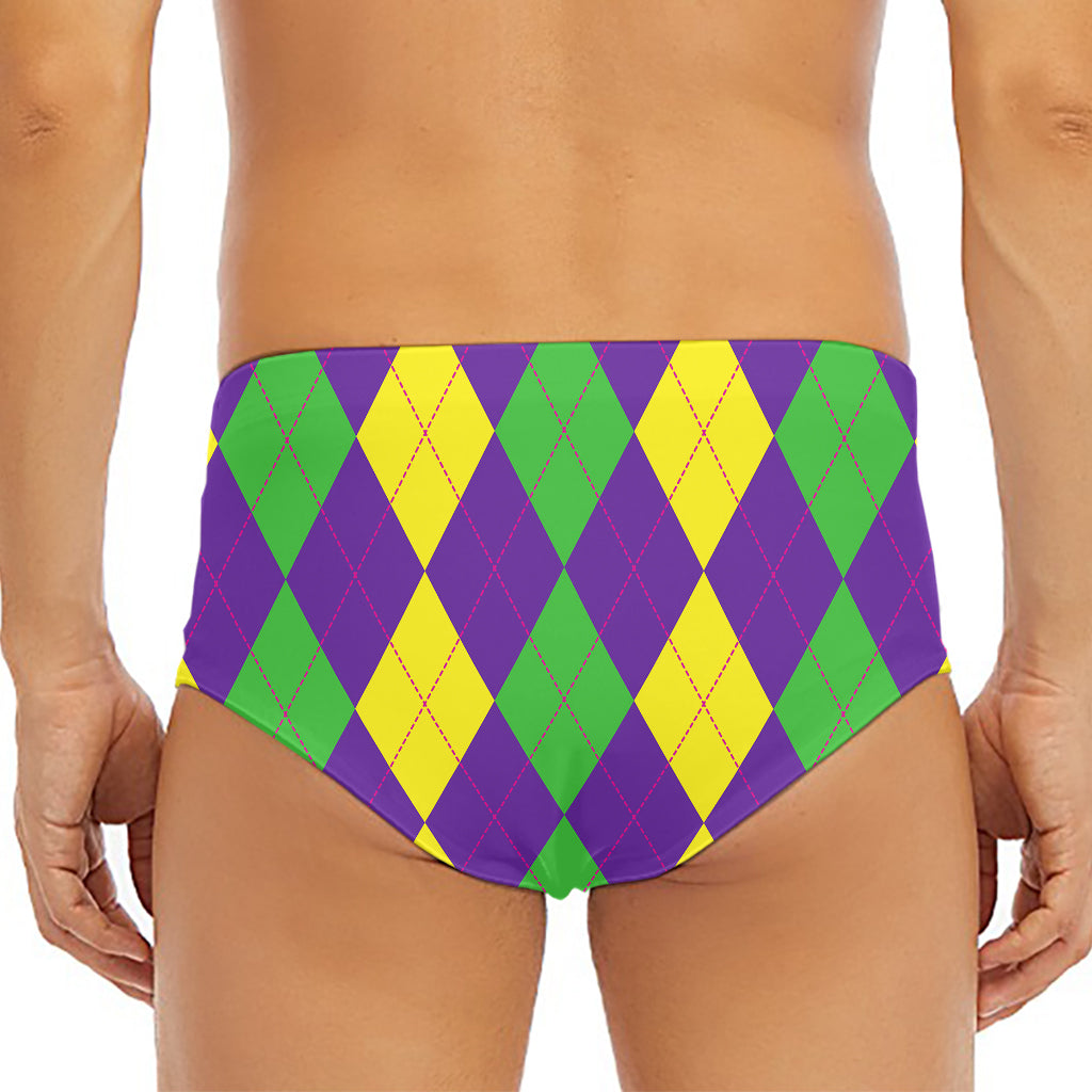 Mardi Gras Argyle Pattern Print Men's Triangle Swim Briefs