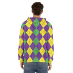 Mardi Gras Argyle Pattern Print Men's Velvet Pullover Hoodie