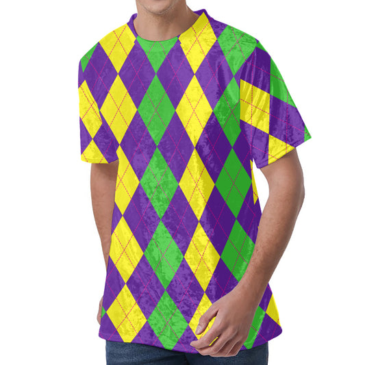 Mardi Gras Argyle Pattern Print Men's Velvet T-Shirt