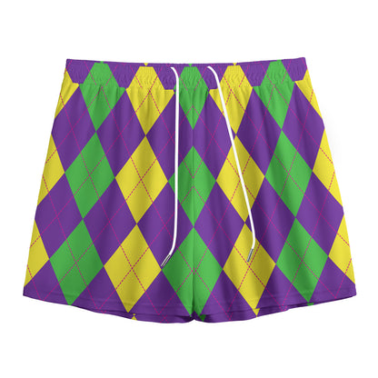 Mardi Gras Argyle Pattern Print Mesh Shorts