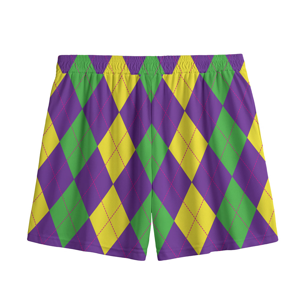 Mardi Gras Argyle Pattern Print Mesh Shorts