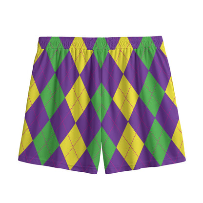 Mardi Gras Argyle Pattern Print Mesh Shorts