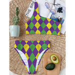 Mardi Gras Argyle Pattern Print One Shoulder Bikini Top