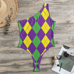 Mardi Gras Argyle Pattern Print One Shoulder Bodysuit