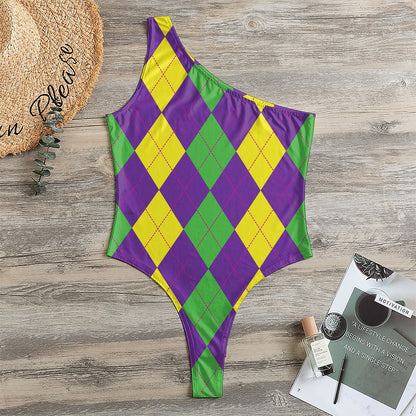 Mardi Gras Argyle Pattern Print One Shoulder Bodysuit