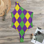 Mardi Gras Argyle Pattern Print One Shoulder Bodysuit
