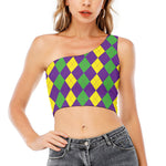 Mardi Gras Argyle Pattern Print One Shoulder Crop Top