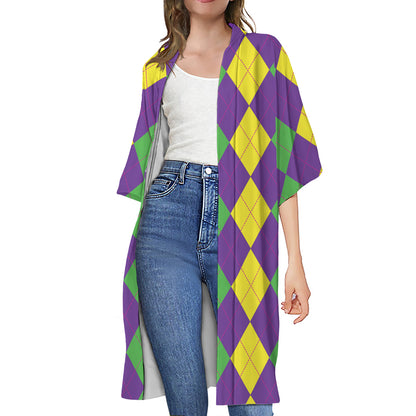 Mardi Gras Argyle Pattern Print Open Front Beach Cover Up