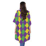 Mardi Gras Argyle Pattern Print Open Front Beach Cover Up