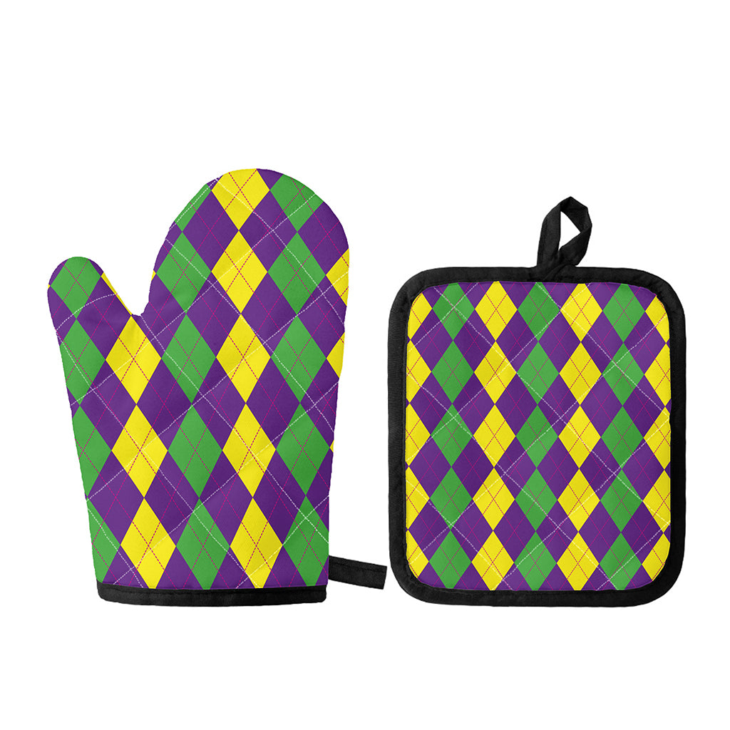 Mardi Gras Argyle Pattern Print Oven Mitt And Pot Holder Set