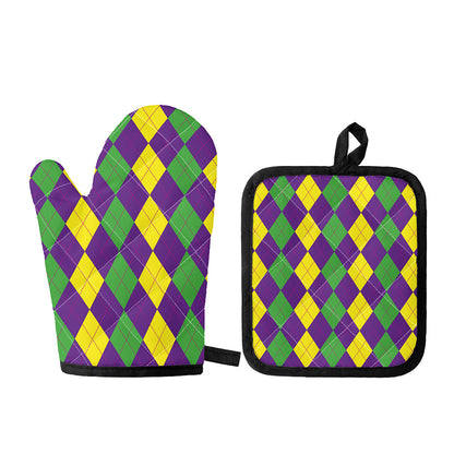 Mardi Gras Argyle Pattern Print Oven Mitt And Pot Holder Set