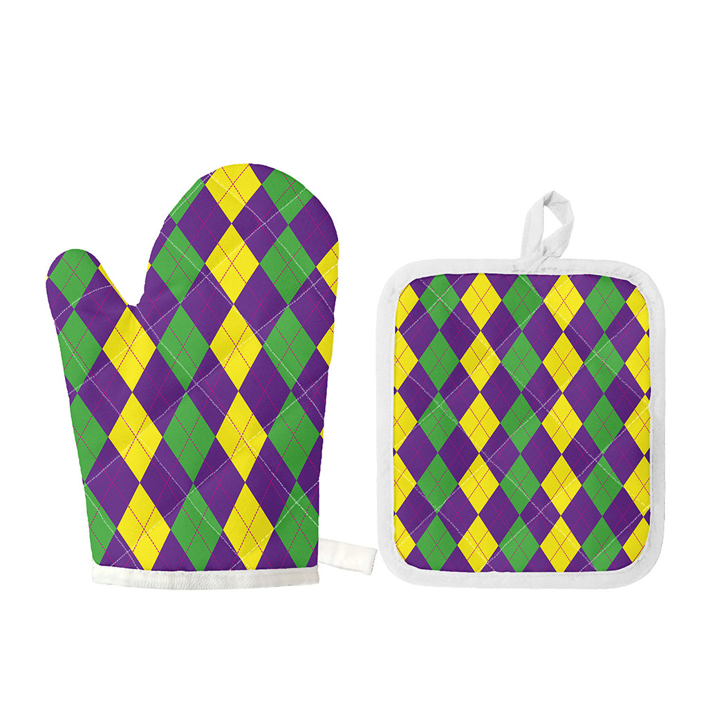 Mardi Gras Argyle Pattern Print Oven Mitt And Pot Holder Set